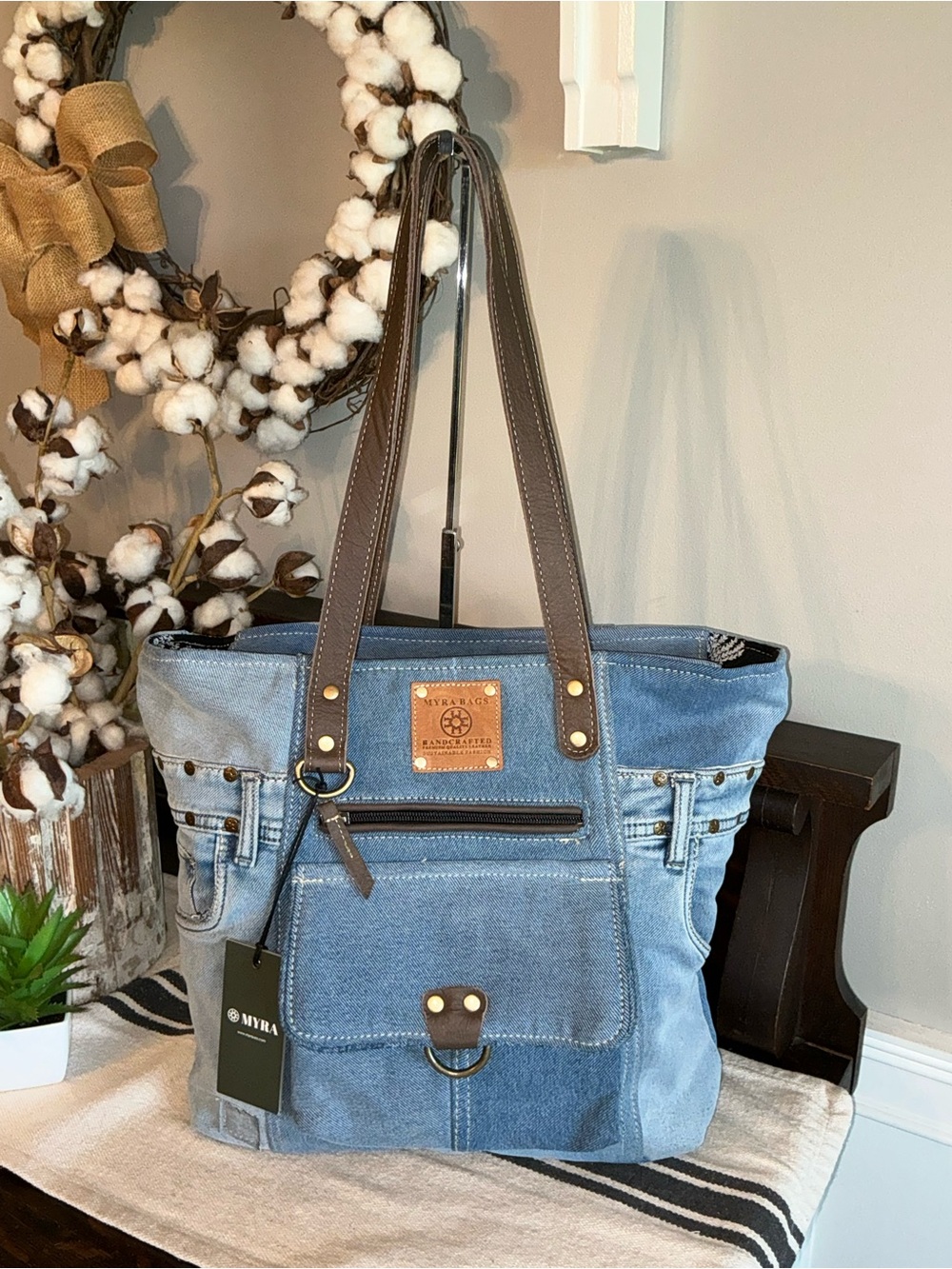 NWT Myra Bag Ashley Adventure Upcycled Blue Denim Shoulder Tote Bag MSRP $65